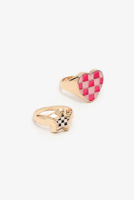 Ardene Checkered Heart and Star Ring Duo Size