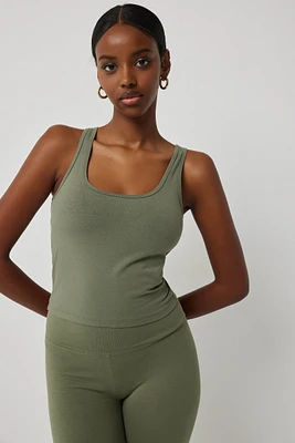 Ardene Basic Cotton Scoop Neck Tank Top in Khaki | Size | Cotton/Elastane | Eco-Conscious