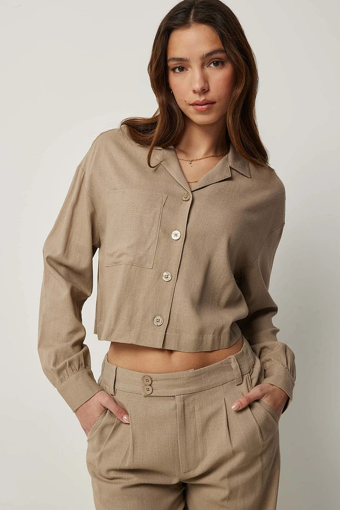 Ardene Crop Linen Blend Shirt in Beige | Size | Viscose