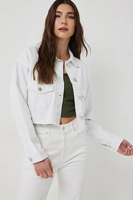 Ardene Cut Hem Cropped Jean Jacket in White | Size | 100% Cotton