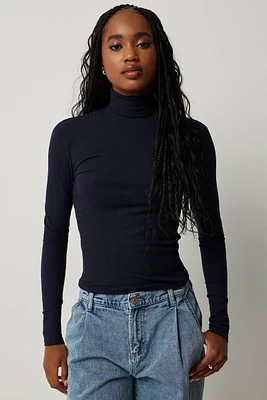 Ardene Super Soft Ribbed Turtleneck Top in Dark Blue | Size XS | Polyester/Elastane