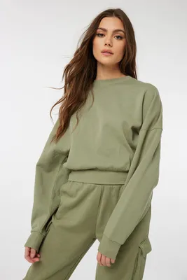 Ardene Oversized Crew Neck Sweatshirt in Khaki | Size Large | Polyester/Cotton | Fleece-Lined