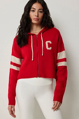 Ardene Varsity Zip-Up Hooded Sweater in Red | Size | 100% Acrylic