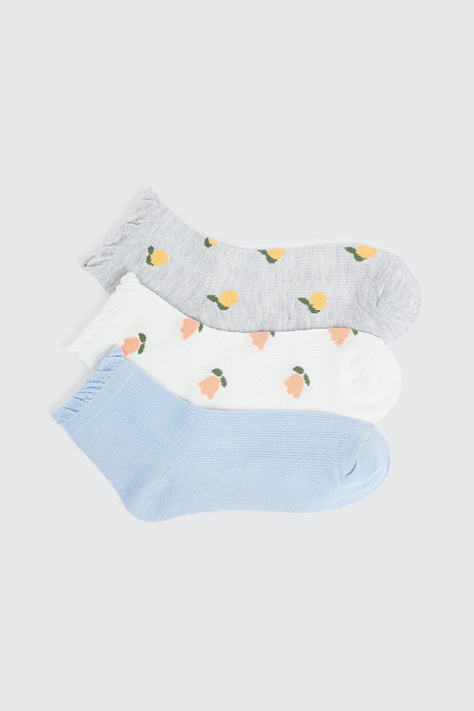 Ardene 3-Pack Lemon & Tulips Demi Crew Socks in Light Blue | Polyester/Spandex
