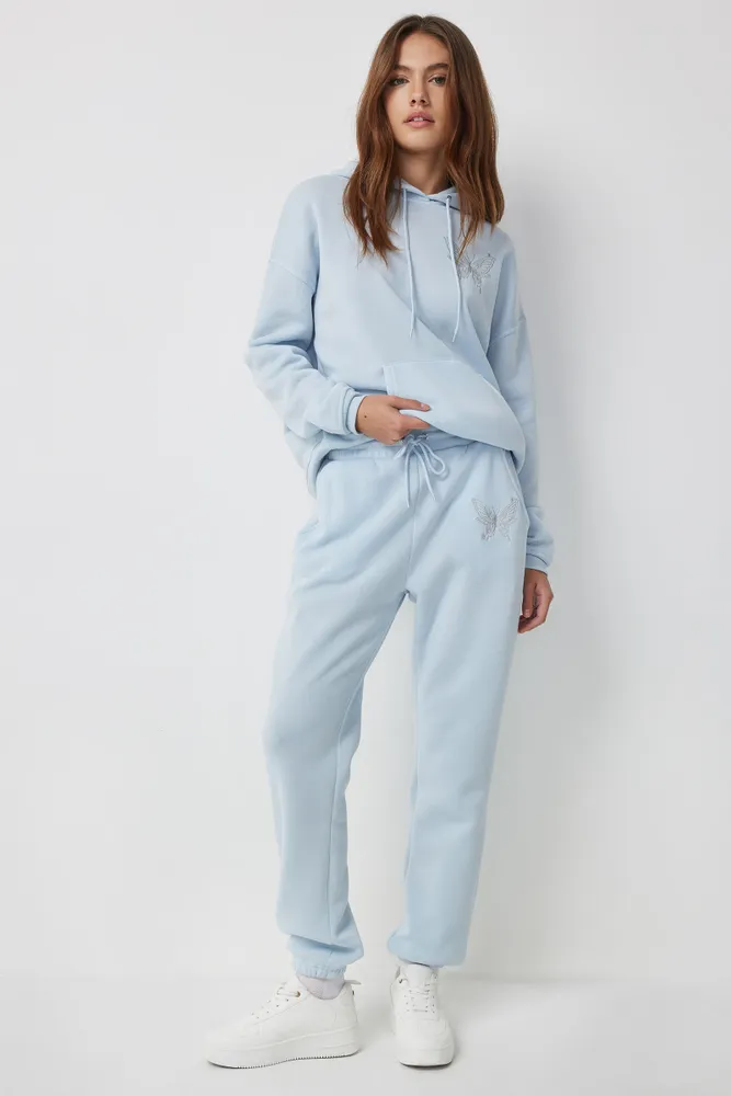 Ardene Embroidered Oversized Sweatpants in Light Blue, Size, Polyester, Fleece-Lined