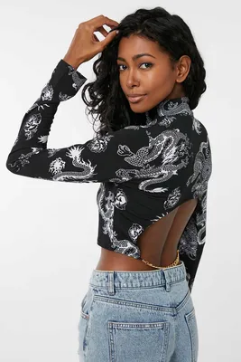 Ardene Printed Long Sleeve Top with Accent Chain in Black | Size | Polyester/Spandex