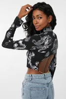 Ardene Printed Long Sleeve Top with Accent Chain in Black | Size | Polyester/Spandex