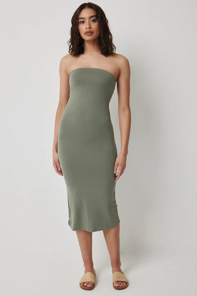 Ardene Basic Super Soft Maxi Strapless Dress in Khaki | Size | Polyester/Spandex | Eco-Conscious