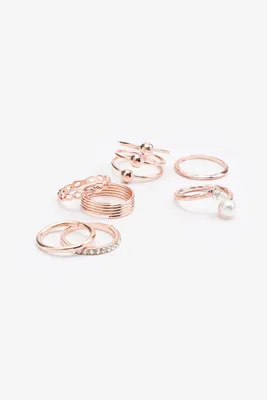 Ardene 8-Pack Assorted Stone & Pearl Rings in Medium Pink | Size