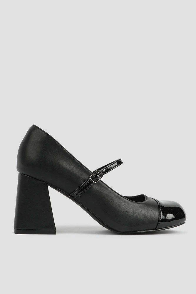 Ardene Block Heel Mary Janes in Black | Size | Faux Leather