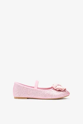Ardene Glitter Ballet Flats with Velvet Bow in Light Pink | Size