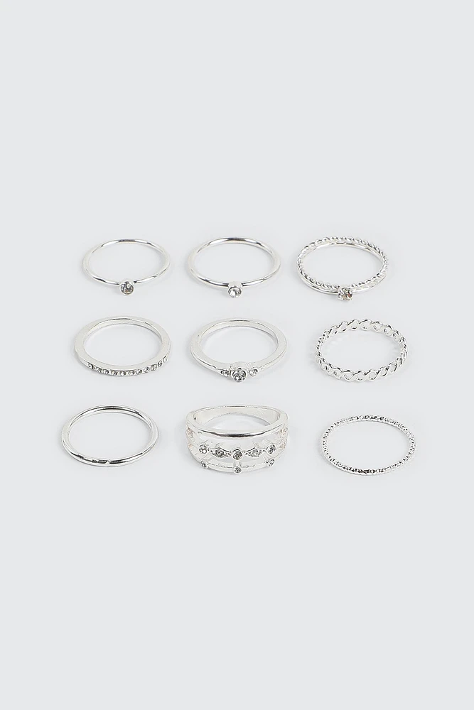 Ardene 9-Pack Assorted Rings with Stones in Silver | Size | Eco-Conscious