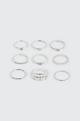 Ardene 9-Pack Assorted Rings with Stones in Silver | Size | Eco-Conscious