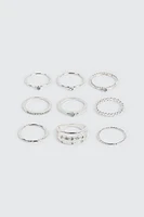 Ardene 9-Pack Assorted Rings with Stones in Silver | Size | Eco-Conscious