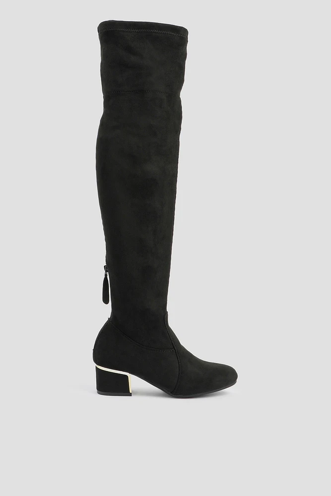 Ardene Gold Trim Over-the-Knee Heeled Boots in Black | Size | Faux Suede | Eco-Conscious