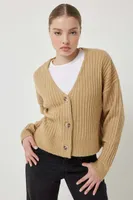 Ardene Crop Rib Cardigan in Beige | Size Small | Polyester/Spandex