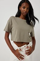 Ardene Basic Ultra Crop Boxy T-Shirt in Khaki | Size Large | Cotton/Elastane | Eco-Conscious