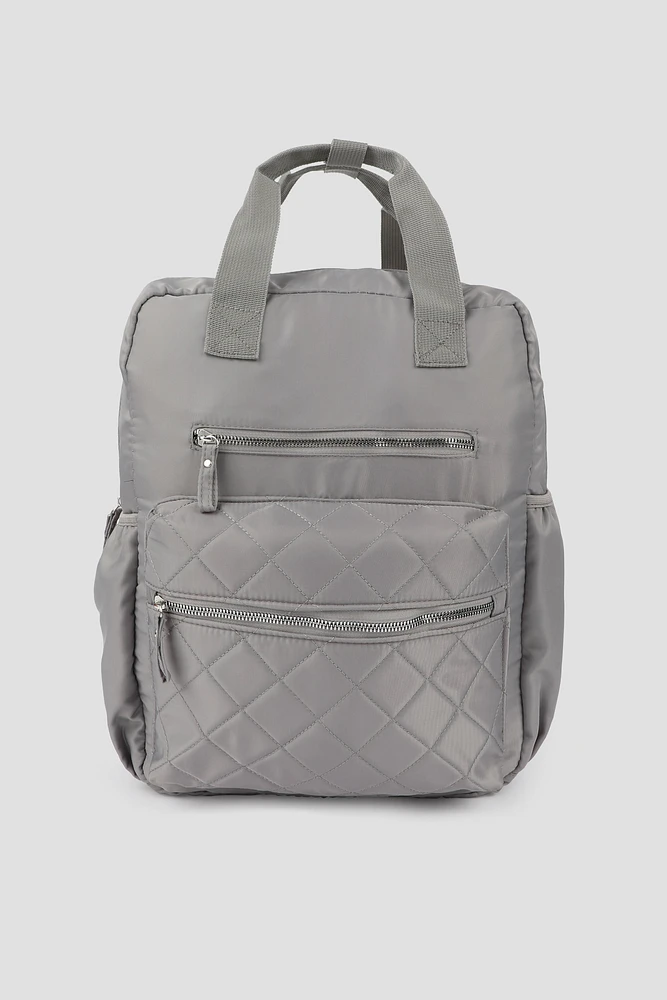 Ardene Nylon Backpack with Quilted Pocket in Grey | 100% Recycled Polyester/Nylon | Eco-Conscious