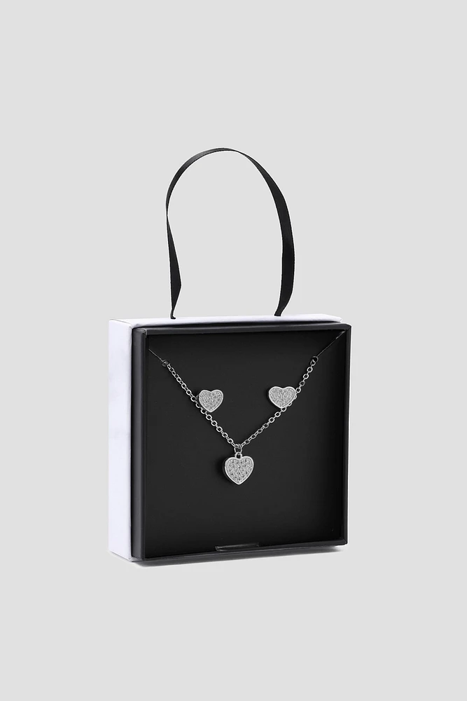 Ardene Heart Necklace & Earring Set in Silver | Stainless Steel