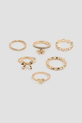 Ardene 6-Pack Bow & Heart Rings in Gold | Size