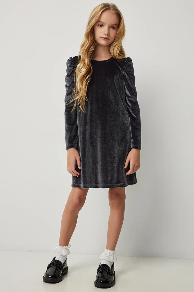 Ardene Kids Velvet Long Sleeve Dress in Dark Grey | Size | Polyester/Elastane