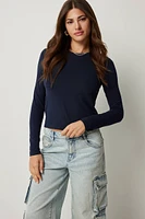 Ardene Basic Short Long Sleeve T-Shirt in Dark | Size | Cotton/Elastane | Eco-Conscious