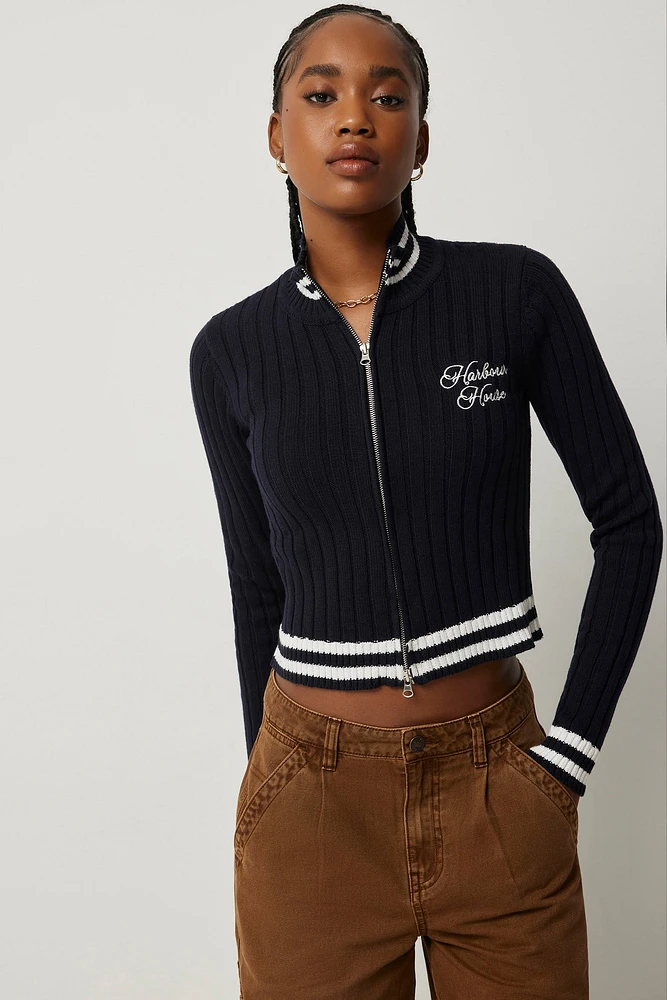 Ardene Contrast Stripe Zip-Up Cardigan in Dark Blue | Size | Nylon