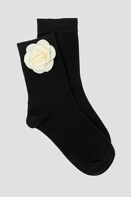 Ardene Pair of Rosette Crew Socks in Black | Polyester