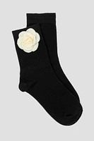 Ardene Pair of Rosette Crew Socks in Black | Polyester