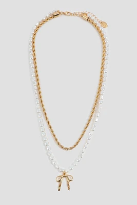 Ardene Two-Row Bow & Pearl Necklace in Gold