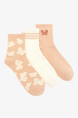 Ardene Pack of Butterfly Demi Crew Socks in Beige | Polyester/Spandex