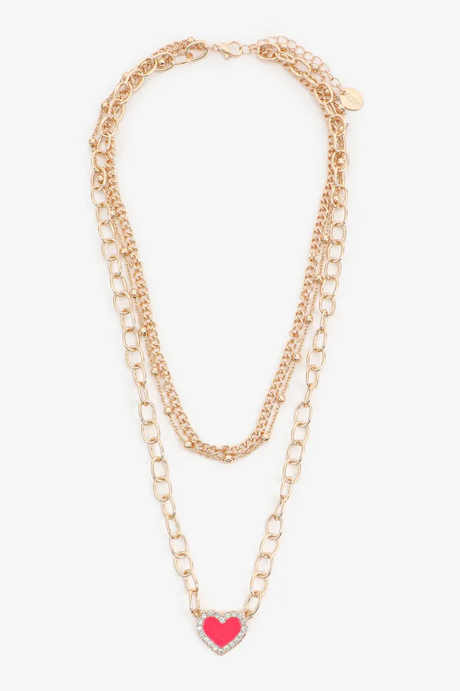 Ardene 3-Row Pink Heart Necklace in Gold