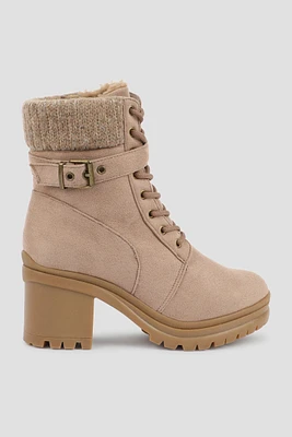 Ardene Warm Boots with Knit Collar in Beige | Size | Faux Leather/Faux Suede | Eco-Conscious | Microfiber