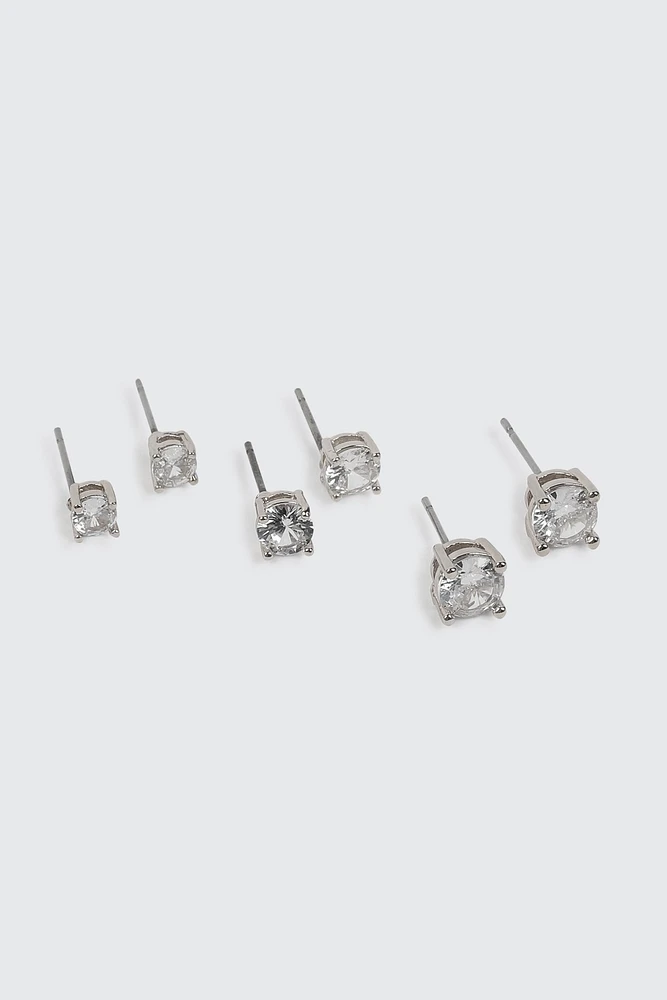 Ardene 3-Pack Round Cubic Zirconia Stud Earrings in Silver | Stainless Steel