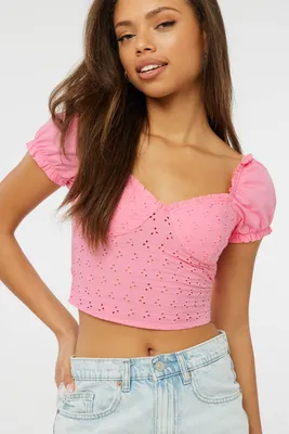 Ardene Ultra Crop Eyelet Peasant Top in Light Pink | Size | 100% Cotton
