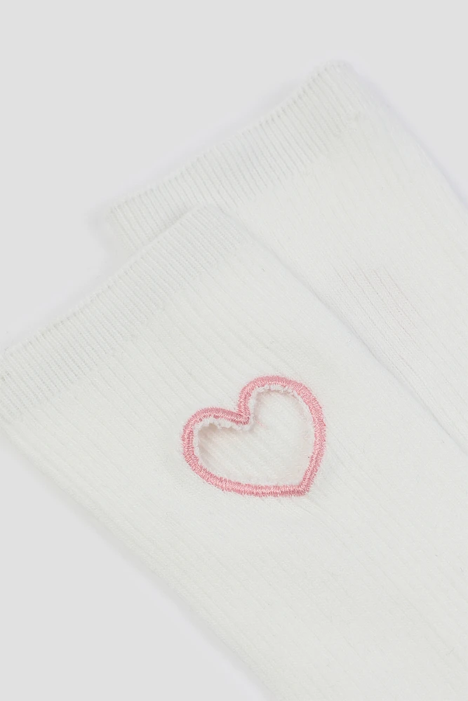 Ardene Heart Embroidered Knee High Socks in White | Polyester/Spandex