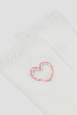 Ardene Heart Embroidered Knee High Socks in White | Polyester/Spandex