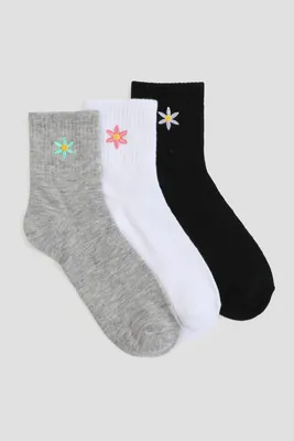 Ardene 3-Pack of Demi Crew Socks with Flower Embroideries in Grey | Polyester/Spandex