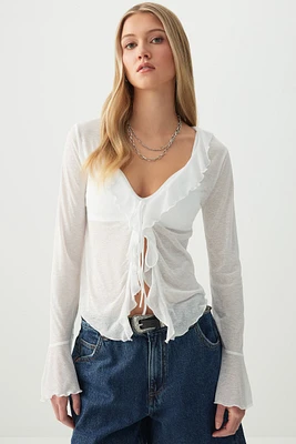 Ardene Tie Front Top with Frills in | Size | Polyester