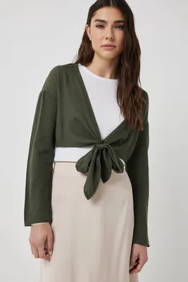 Ardene Linen Blend Knot Front Cardigan in Khaki | Size | Viscose
