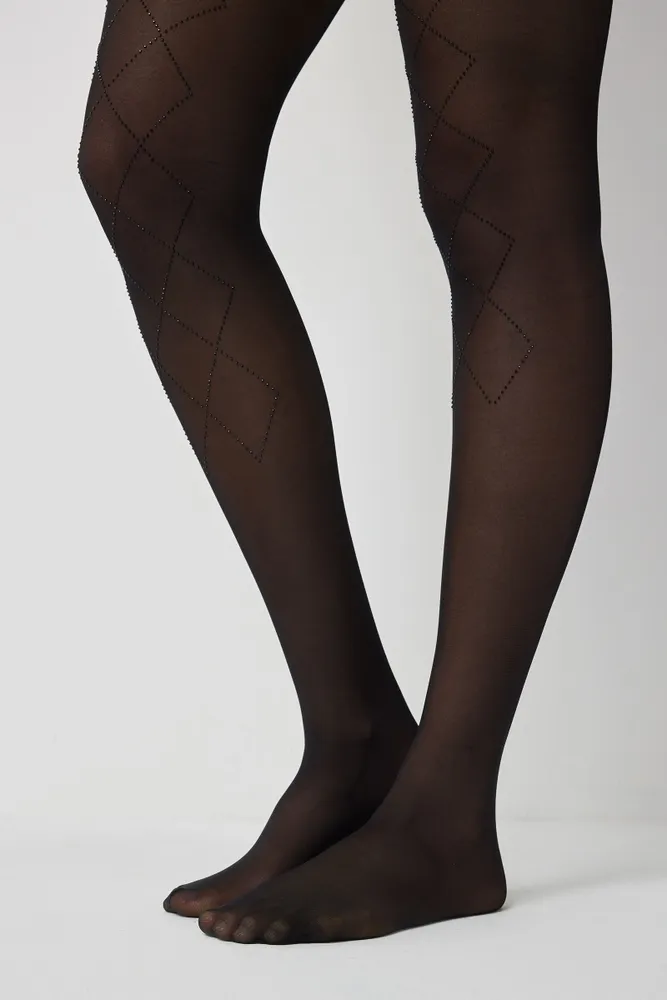Ardene Embellished Argyle Tights in Black, Size Small