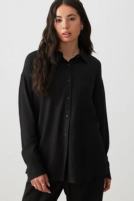 Ardene Oversized Linen Blend Shirt in Black | Size | Rayon