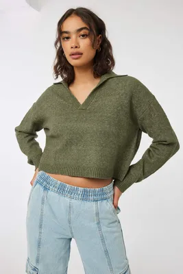 Ardene Moss Stitch Johnny Collar Sweater in Khaki | Size | Polyester/Elastane