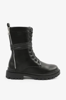 Ardene Wraparound-Lace Combat Boots in | Size | Faux Leather/Rubber