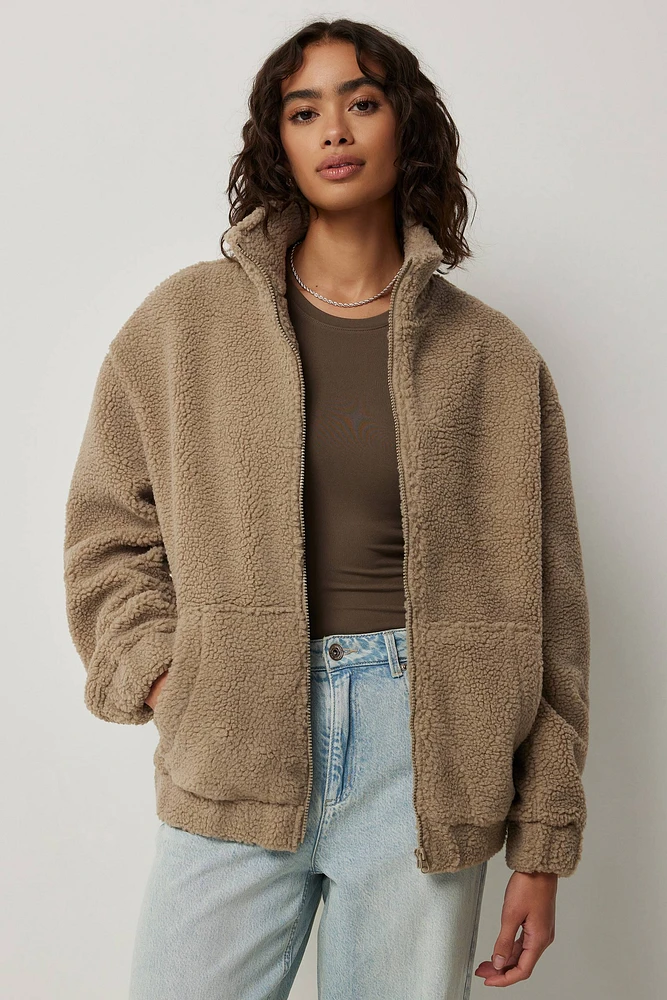 Ardene Oversized Sherpa Jacket in Beige | Size | Polyester