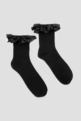Ardene Crew Socks with Satin Frills in Black | Polyester/Spandex