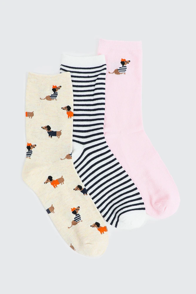Ardene 3-Pack Dog & Stripe Crew Socks in Beige | Polyester/Spandex