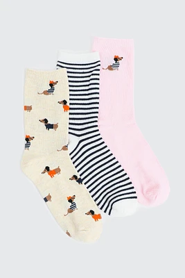 Ardene 3-Pack Dog & Stripe Crew Socks in Beige | Polyester/Spandex