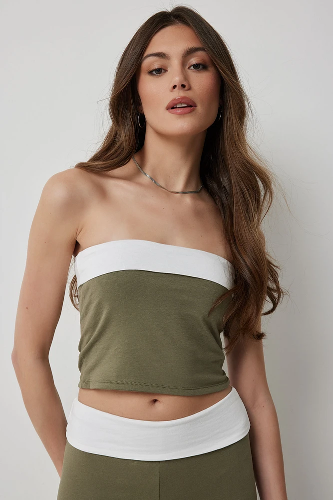 Ardene Foldover Tube Top in Khaki | Size | Spandex/Cotton