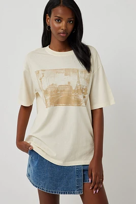 Ardene Embellished Oversized Graphic T-Shirt in Beige | Size | 100% Cotton